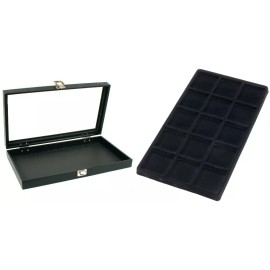 FindingKing Glass Lid Jewelry Display Case 14 3/4" w/ Black 15 Compartment Display Tray