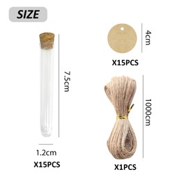 Pack of 15 Plastic Test Tubes with Corks, 15 Pieces Hanging Labels with Twine, Transparent Flower Bottles, Suitable for DIY Production (12 x 75 mm)