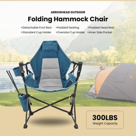 Arrowhead Outdoor Folding Hammock Camp Chair with Detachable Footrest, Stabilized Feet, Padded Headrest and Seat, Large Cup Holders, 300 LBS Weight Capacity, for Camping, Beach, Tailgating