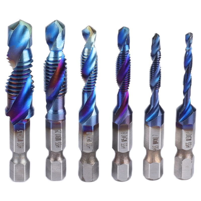 6pcs Spiral Tap Drill Bit Set Blue Plating Coating Hex