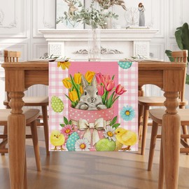 Linen Pink and White Buffalo Check Plaid Easter Table Runner 108 Inches Long Easter Egg Bunny Chick Daisy Tulip Floral Table Decor Spring Summer Easter Home Kitchen Dining Room Table Decorations