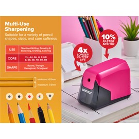 Bostitch Office Battery Pencil Sharpener, 4X Longer Cutter Life, Tip Saver Technology, Pink