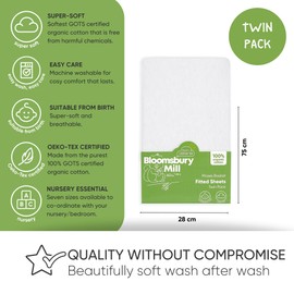 Bloomsbury Mill - 2 pack - Moses Basket Sheets - 100% Skin Sensitive Organic Cotton - Soft and Breathable Baby Bassinet/Carry Cot/Pram Sheets - Fits all mattress shapes - Plain White - 28 x 75cm