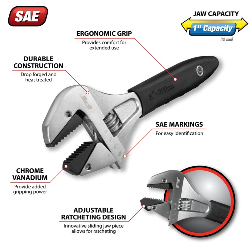 Performance Tool W30625 8 In. Ratcheting Adjustable Wrench - Sliding