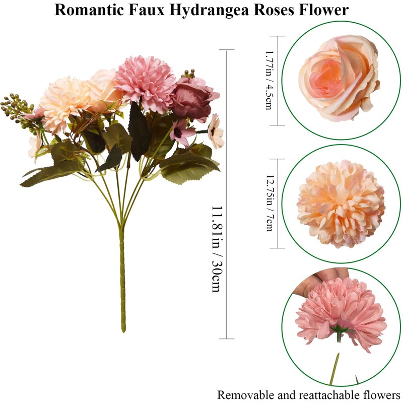 Jusdoja 4 Bundles Flowers Artificial Hydrangea with Silk Rose Daisy,