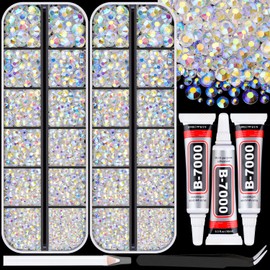 12000Pcs Resin Rhinestones for Bedazzling with 3Pcs B7000 Jewelry Glue, 2 Boxes Transparent AB Flatback Rhinestones for Crafting Crafts DIY, Crystals Gems for Clothing Shoes Tumblers Nail Art Makeup