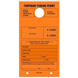 Temporary Parking Permit - Mirror Hang Tags Numbered and with Tear-Off Stub. Fluorescent Orange, 50/Pack
