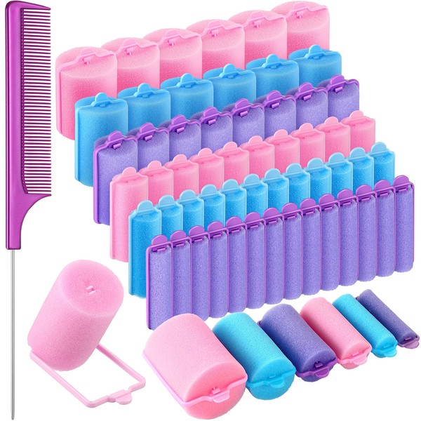 56 Pieces Foam Sponge Hair Rollers Soft Sleeping Hair Curler Assorted Sizes Flexible Hair Styling Sponge Curler with Stainless Steel Rat Tail Comb Pintail Comb for Hairdressing Styling (Warm Color)