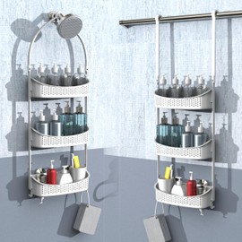 EMT ETRENDS Heavy duty shower caddy hanging; 3 tiers supper large plastic shower basket over the showerhead; never rust baskets over the door, shower organizer for bathroom without tools, White