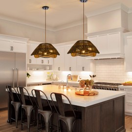 ZSDHXi Rattan Pendant Light Fixture Ceiling, 19.68”Hand Woven Wicker Chandelier, Rustic 3-Light Large Hanging Lamp, Adjustable Boho Flush Mount Hanging Light for Dining Room Kitchen Living Room