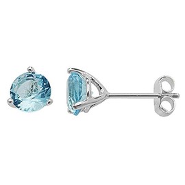 5MM CZ Round Cut Birthstone Stud Earrings - 925 Sterling Silver - AQUAMARINE BLUE
