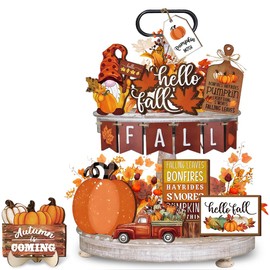 Quimoy 19 Pcs Fall Tiered Tray Decor, Hello Fall Pumpkin Gnome Truck Decorative Signs, Autumn Thanksgiving Day Wooden Tray Decorations for Home Kitchen, Rustic Farmhouse Table Decor