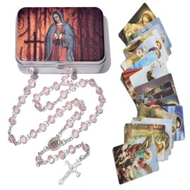 SZQCZB Rosary Crystal Bead Catholic Necklace Holy Soil Medal Cross Crucifix Rosary with Metal Box and 18Pcs Holy Card-Pink