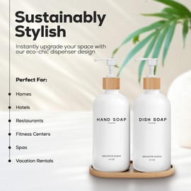 White Glass Hand and Dish Soap Dispenser Set by Brighter Barns - Kitchen Soap Dispenser Set with Tray - Liquid Soap Dispenser for Kitchen Sink - Housewarming Gift, Kitchen Decor, Boho Decor (White)