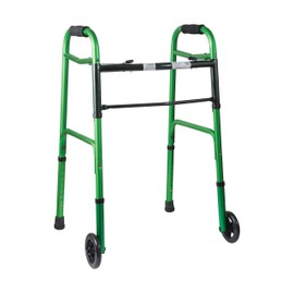 DMI Lightweight Aluminum Folding Walker with Easy Two Button Release, 5 Inch Wheels, Adjustable Height, Green