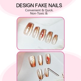 Brown Gradient Cat Eye Press on Nails 24 Pcs 3D Gold Leaves False Nails Curve Line Gel Glue on Medium Coffin Nails Glossy Red Ombre Cat Eye Acrylic Fake Nails Leaves Stick on Nails for Coquette Women