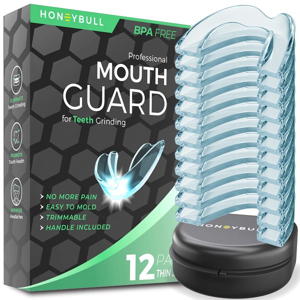 HONEYBULL Mouth Guard for Grinding Teeth [12 Pack] 1 Size for Light Grinding | Comfortable Custom Mouth Guard for Clenching Teeth at Night, Bruxism, Whitening Tray & Guard