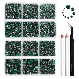 Beadsland Pack of 8300 Flat Back Rhinestones, Green Rhinestone Nail Stones, Round Crystal Rhinestones for Crafts, Mixed 10 Sizes with Wax Pen and Tweezers Kit, SS3-SS30, Emerald Green