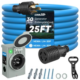COOLTOP 30 Amp Generator Cord and Power Inlet Box Kit, 25FT 4 Prong Generator Extension Cord 10 Gauge Cable 125/250V NEMA L14‑30P to L14‑30R Pre-Drilled Inlet Box Emergency Power Kit, ETL Listed