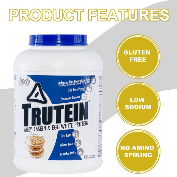 Body Nutrition, Trutein Protein Powder, Breakfast Shake, Meal Replacement, and Pre and Post Workout Recovery Drink Mix, 25 Grams of Protein per Scoop, Peanut Butter Marshmallow, 4 Pounds