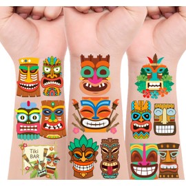 Tiki Temporary Tattoos - 96pcs Hawaiian Tribal Tattoos Temporary Tropical Aloha Themed Birthday Party Decorations Supplies Favors Decor for Adults Kids Gifts Festival