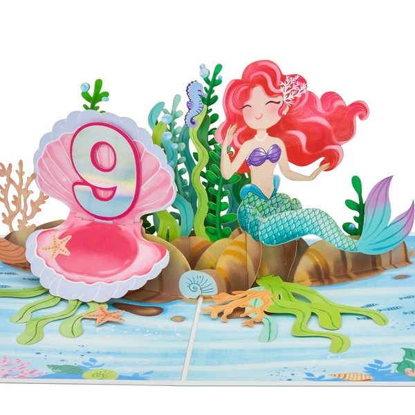 POPWOW Happy 9th Birthday Pop Up Card, Mermaid, Pearl Shell,