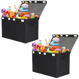 popoly 2 Pack Large Toy Box Chest Storage with Flip-Top Lid, Collapsible Kids Toy Storage Bin Boxes s for Toys, Playroom Organizers, 25"x13" x16" (Linen Black)