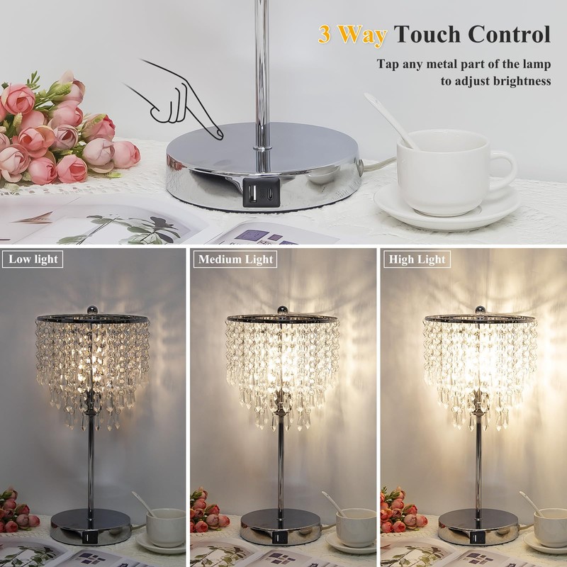 Touch Control Crystal Table Lamp with USB C+A Charging Ports,