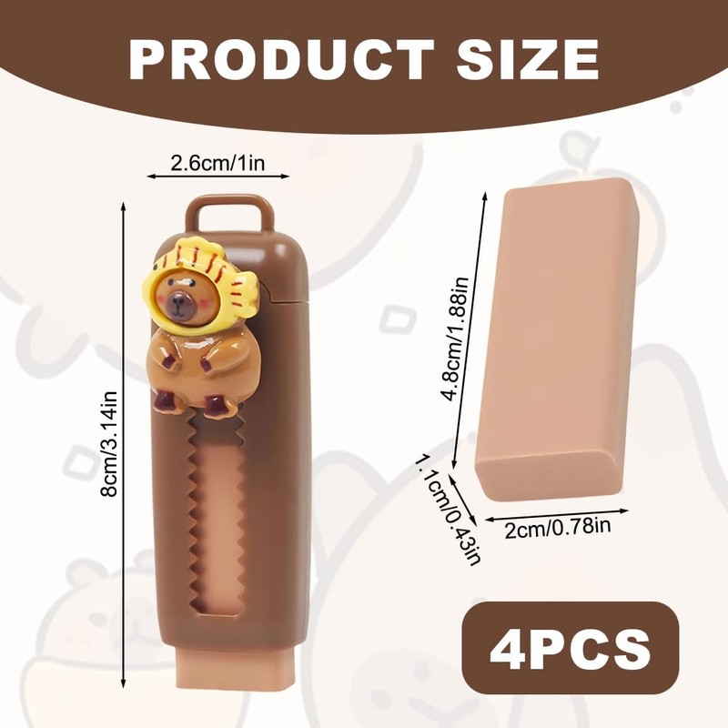 Pack of 4 Capybara Retractable Erasers Kids Capybara Funny Erasers