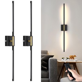 gernehop Battery Operated Wall Sconces Set of 2, Dimmable Battery Wall Sconce with Remote Control, Black Gold LED Rechargeable Sconces, 36 Inch Modern Wireless Wall Lights for Bedroom, Living Room