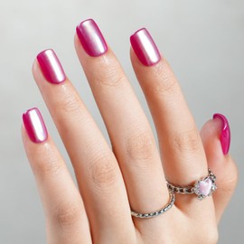 Press On Nails Red - Jofay Fashion Press On Nails Christmas Short Square for Gifts, Chrome Red Stick On Nails with Glue, Glossy Reusable Nail Tips in 16 Sizes - 32 Soft Gel Fake Nails Kit, Chrome Red