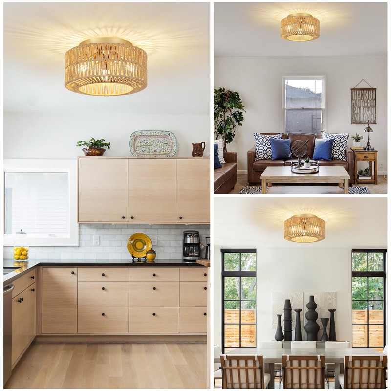 PAUFUL Boho Light Fixtures, 3-Light Farmhouse Rattan Ceiling Light, Flush