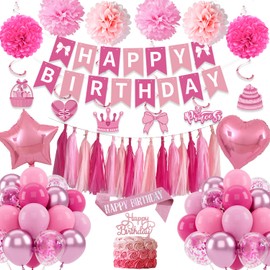 Pink Birthday Decorations for Girls Women, Hot Pink Party Decorations Set with Happy Birthday Banner, Pink Birthday Balloons Paper Pompoms, Glitter Hanging Swirls for Birthday Decorations