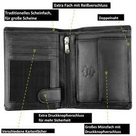 FLEXIBILITE® Men's Nappa Leather Wallet Black RFID Protection [2025] - Wallet - Wallet Portrait Format (9.0 cm x 11.5 cm x 2. cm W x H x D) - 8 Card Slots - Card Case with Double Stitching, black,