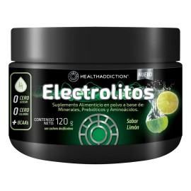 HEALTHADDICTION Polvo de Electrolitos con BCAA’s Prebióticos y Vitaminas B – Sin Azúcar ni Calorías – Hidratación y Recuperación – Sabor Limón – Fórmula Baja en Sodio y Libre de Gluten – 120g