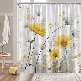 ZNLSU Yellow Flower Shower Curtain Rustic Farmhouse Watercolor Yellow Floral Gray Leaves Modern Romantic Nature Plant Vintage 70" WX70 H Bathroom Decor Fabric Curtain with Hooks