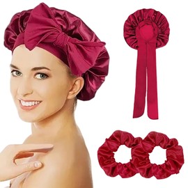 Haarhaube aus Satin für Damen,Schlafhaube in Weinrot,Verstellbare Sleep Haube,Weiche Haarhaube,Anti-Rutsch Bonnets aus Seide,Schlafmütze Satin,Haar Haube zum Schlafen(Rot Haarkappe mit 2 Stirnband)