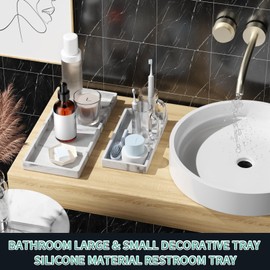 BBK Bathroom Vanity Tray - 2 Pack (7.8" and 11.8") Silicone Bathroom Trays for Counter, Perfume Key Trinket Ring Tray, Decor Soap Dispenser Countertop Tray for Kitchen Sink Organization (Marble Gray)