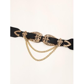 Verdusa Women's Double Buckle Chain Cowgirl Belts Leather Elastic Waist Belt Black 70