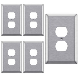 [5 Pack] BESTTEN 1-Gang Mid-Size Duplex Receptacle Metal Wall Plate, Anti-Corrosion Stainless Steel Outlet Cover, Brushed Finish, Silver, UL Listed