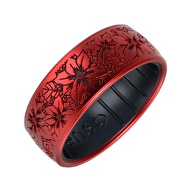 Enso Rings Etched Dualtone Silicone Ring - Ultra Comfortable - 6.6mm Wide, 1.75mm Thick - Joyful Bloom - Ruby/Black Pearl - Size 9
