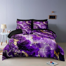 Bedbay Abstract Marble King Comforter Set with Sheets 8 Pcs King Bed in a Bag Aesthetic Decor Purple Gold Marble Bedding 1 Comforter 4 Pillowcases 1 Flat Sheet 1 Fitted Sheet 1 Cushion Cover