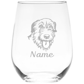 Irish Wolfhound dog themed with name 17 oz. stemless wine glass