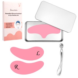 Silicone Forehead Wrinkle Patch - Reusable Forehead Wrinkle Patch and Eye Patches Set, Reusable Silicone Patches for Wrinkles, No Adhesive & No Pulling, Metal Eye Cream Applicator, Tin Case, Pink