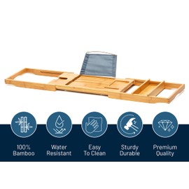 RoyalHouse Bamboo Bathtub Caddy Tray, Expandable Bath Table Over Tub with Glass Book, Adjustable Organizer Tray for Bathroom, Wine and Phone Holder, Ideal Gift for Family & Friends (Pack 2)