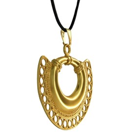 Across The Puddle, Historical Jewelry Collection, 24k Gold Plated Pre-Columbian Tairona Nose Ring with Circles and Braids (L) Pendant Necklace