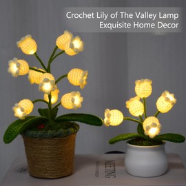 Aiouclay 5pcs Crochet Lily of The Valley Lamp, Artificial Tabletop Flowers Pot with Night Lights, Crochet Flowers Artificial Flower, Birthday Gifts for Friend Colleagues (5pcs with Lamp)