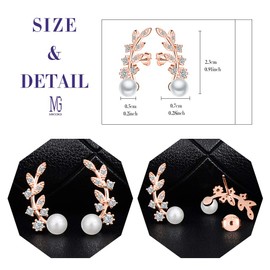 MICGIGI Women's Leaf Pearl Earrings 925 Sterling Silver Stud Earrings with Zirconia (Rose Gold), Sterling Silver, Pearl