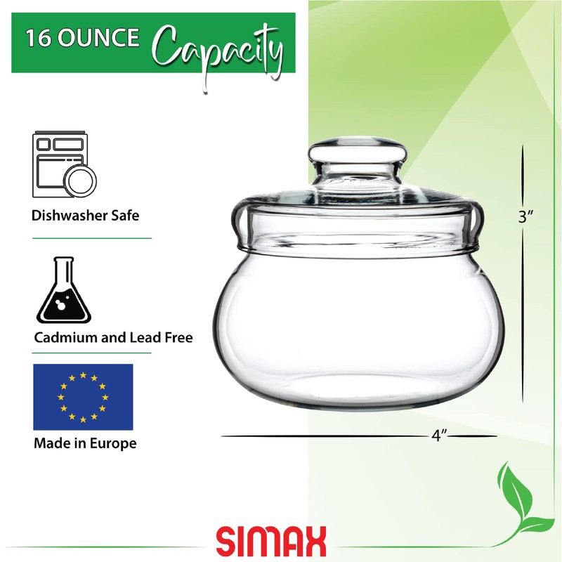 SIMAX Borosilicate Glass Sugar Bowl with Lid, 16 Ounce, Clear,