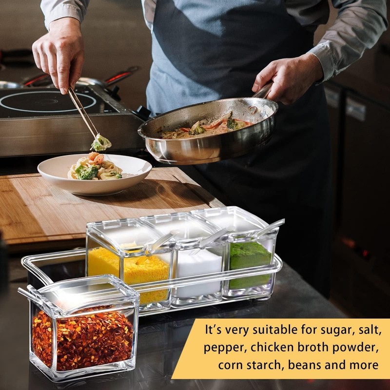 Faxco Clear Seasoning Box, 4 Pieces Seasoning Rack Spice Pots,